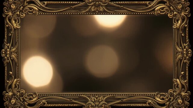 Antique golden frame with glowing light particles floating in a dark room cinematic motion sequence