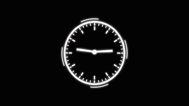 Animated clock on a black background showing time passing in a seamless loop