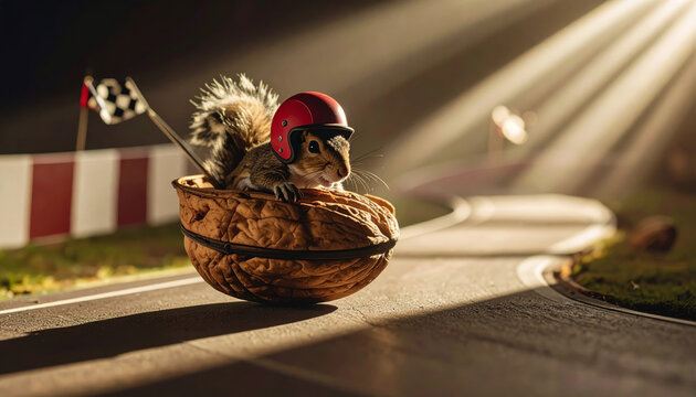 A whimsical squirrel wearing a tiny red racing helmet drives a car crafted from a walnut shell on a blurred roadway.