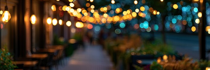 Obraz premium Blurred walkway lined with tables under glowing string lights at dusk