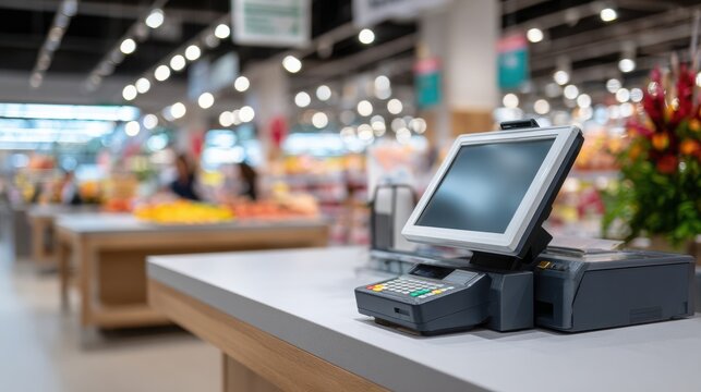 Point of sale terminal with touchscreen and card reader on a checkout counter inside a modern grocery store with blurred background of produce displays