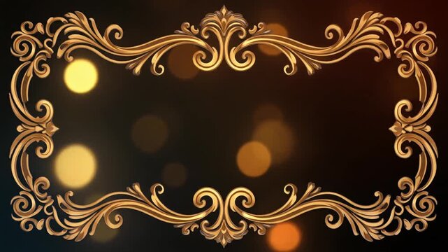 Elegant golden baroque frame with glowing bokeh lights moving in a seamless looping video motion