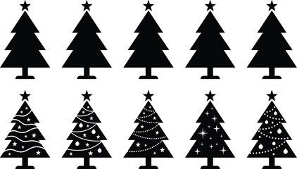 Fototapeta premium Christmas tree silhouettes with plain and decorated designs for holiday, festive, and seasonal graphic design projects