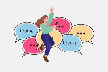 Fototapeta premium Social media communication and digital chat concept with woman holding smartphone. Customer feedback engagement and online community support banner for business websites, marketing webinars, or mobile