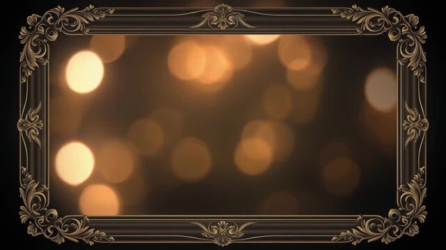 Ornate vintage picture frame with glowing golden bokeh lights moving slowly in a seamless loop