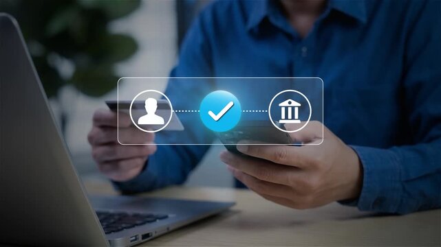Mobile payment and secure online banking transaction concept. man using smartphone and credit card, verifying digital transfer through mobile app for fast, safe, and seamless financial service