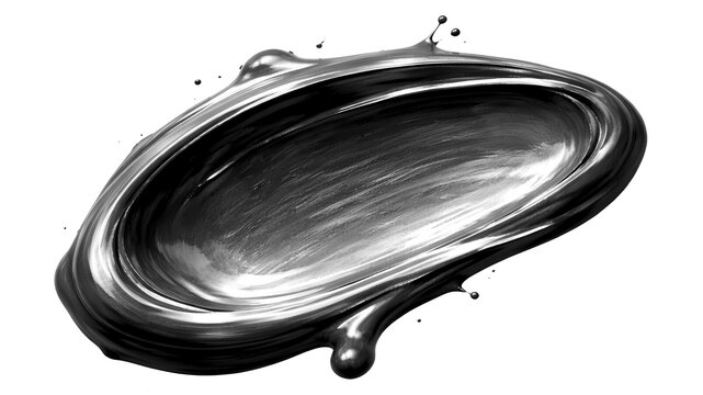 A glossy, dark metallic liquid paint swirl with reflective highlights and splatters on a white background, creating an abstract texture.