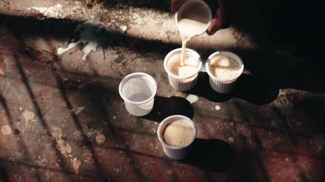 Authentic scene of an Indian street vendor pouring traditional masala chai through a strainer into small plastic cups, with dramatic light and shadows highlighting the popular hot beverage