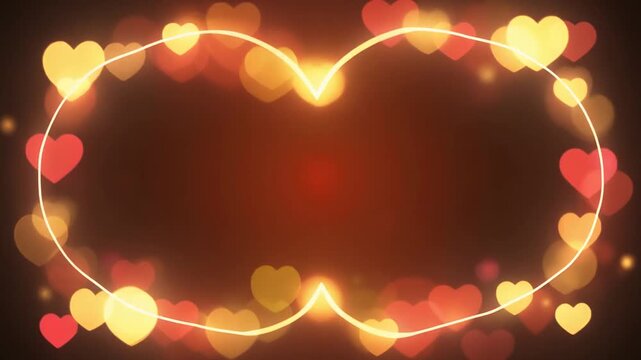 Glowing heart shape frame with floating bokeh lights for romantic wedding video or love background