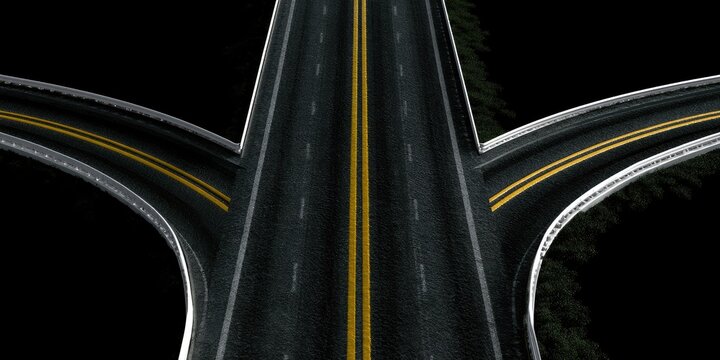 A dark, wide asphalt highway splits into three paths in a stylized setting