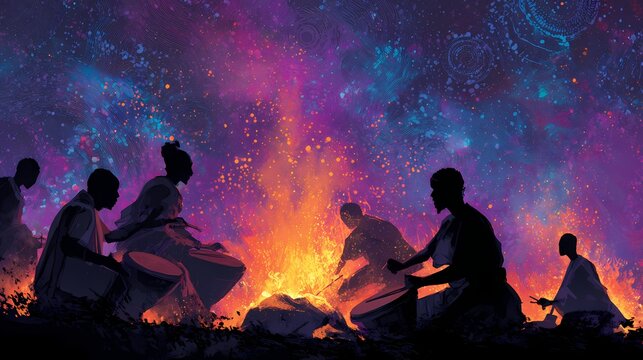 Silhouettes of drummers playing around campfire under vibrant starry night sky with aurora