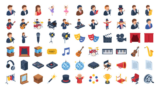 Colorful isometric vector collection of performing arts and entertainment featuring musicians actors dancers theatrical stage elements musical instruments and film production icons for design.