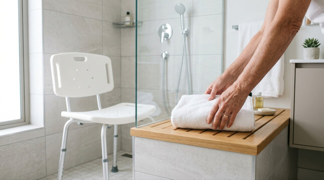 Shower safety solutions elderly concept. Elderly person folding towel in modern accessible bathroom with shower chair and grab bars.