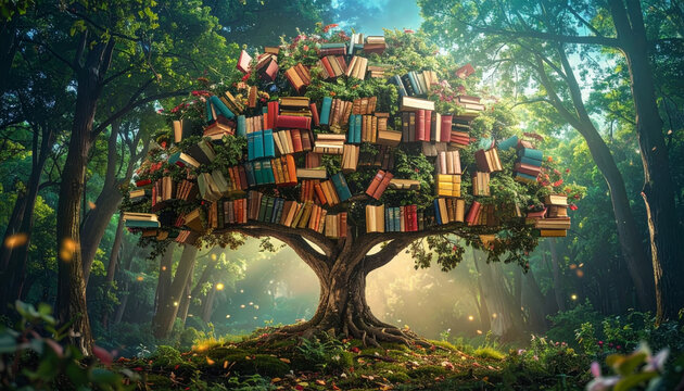 An enchanted tree bearing books as leaves in a magical forest setting