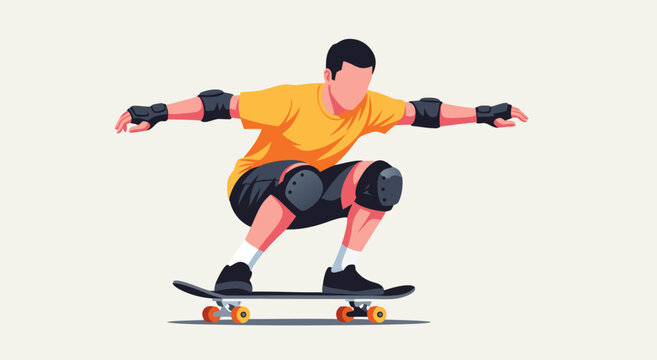 Dynamic vector illustration of a young man skateboarding, wearing knee pads and elbow protectors, showcasing a fun extreme sport
