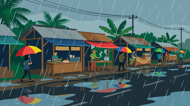 People Walking in Rain with Umbrellas.