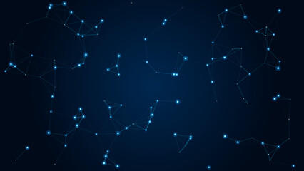 Blue Glowing Particle Network Constellation Dark Background. Glowing cyan blue dot-and-line particle network constellation pattern on dark navy background for technology design. © LinearAndLoom