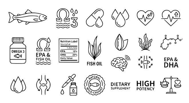 Black and White Omega 3 Nutrition Icons with Fish Oil and Supplement Symbols
