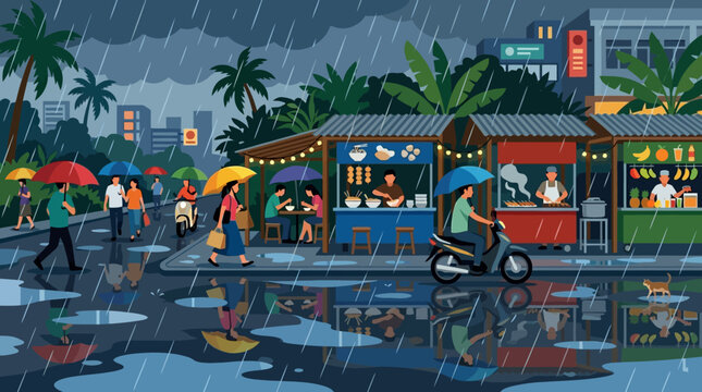 Woman Riding Bicycle on Rainy Street.