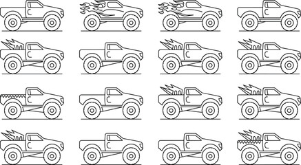 Cartoon pickup truck icons with flame decals, spikes, and off‑road variations representing vehicle customization vector illustration © Creative Stoker