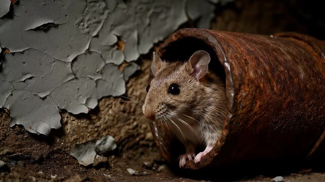 Brown wild mouse looking out from a rusty pipe in a dark basement with peeling paint.