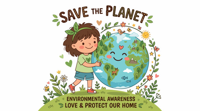 Cheerful child with earth holding a globe amid leafy borders promotes environmental awareness and caring for the planet