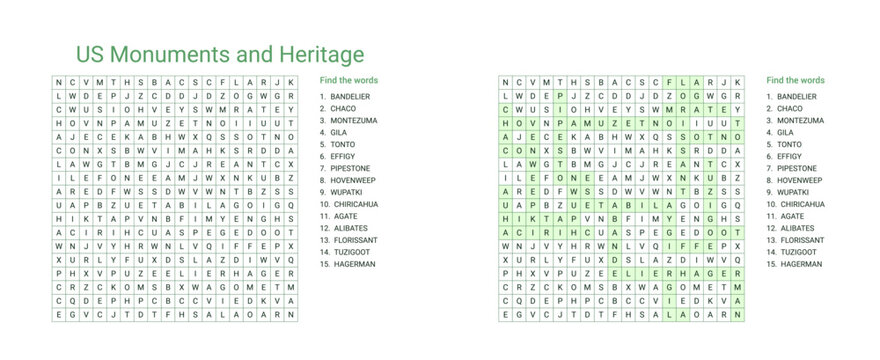 Word seek educational puzzle sheet for US monuments and heritage
