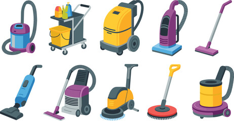 Cartoon cleaning equipment icons with vacuums, mop, cart, scrubber, polisher, and buffer representing janitorial tools vector illustration © Creative Stoker
