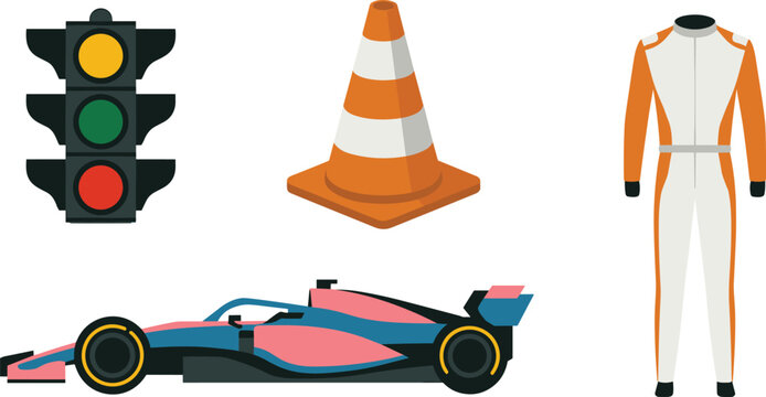 Cartoon car racing icons with traffic light, cone, race car, and suit representing motorsport vector illustration
