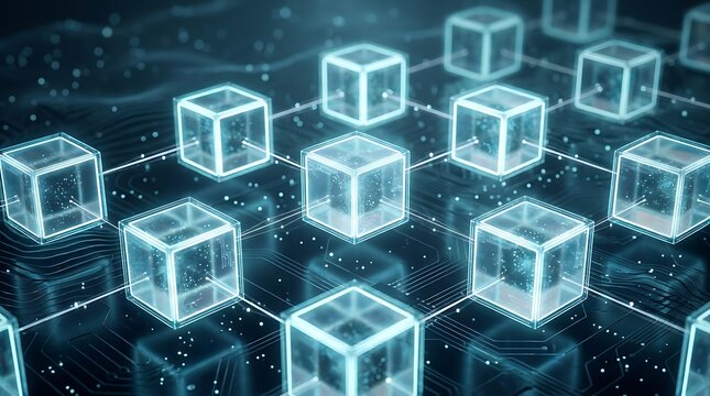 Digital blockchain network with interconnected transparent cubes, representing secure data transactions and decentralized ledger technology in a futuristic blue digital environment.