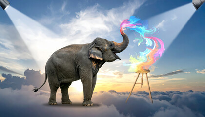Fototapeta premium An elephant artist uses its trunk to paint a vibrant, colorful masterpiece on a cloud canvas in the sky.