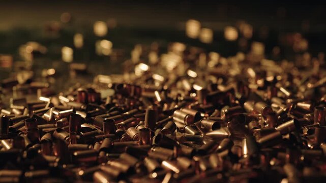 Golden bullet shells falling in slow motion, accumulating into a large pile. Slow-motion macro shot of gleaming copper bullet shells falling onto a large pile during the ammunition