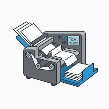 A diagram shows a paper folding machine in action, feeding sheets and producing neatly folded stacks.