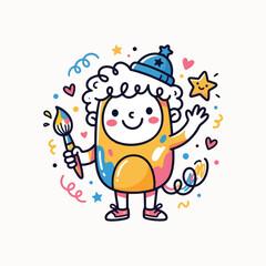 Naklejka premium A happy cartoon child in a colorful art smock and hat, holding a paintbrush and surrounded by celebratory confetti and stars.