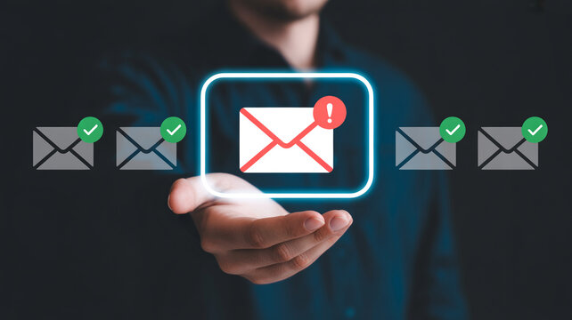 A person presents a glowing envelope icon with an exclamation mark, indicating a new message or notification, with other sent messages around.