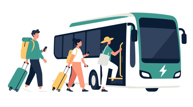 Bus with passengers boarding at station.