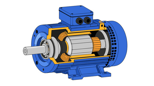 Blue electric motor cutaway view showing rotor.