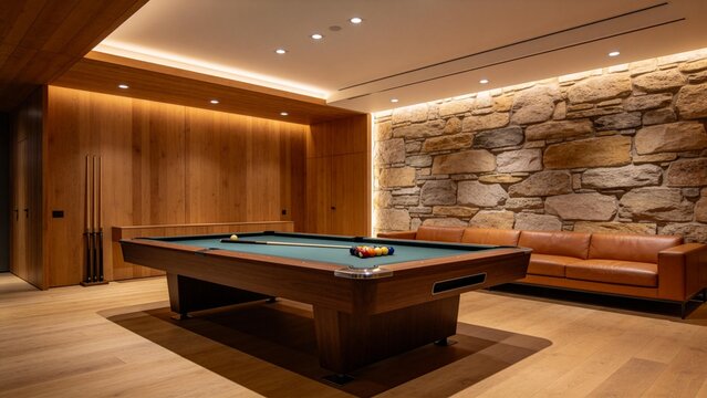 Billiard room with stone wall