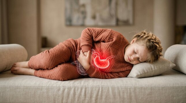 Child girl lying on couch holding her abdomen with stomach ache. Medical visualization of digestive system pain. Pediatric gastrointestinal health issue, illness and infirmity concept.