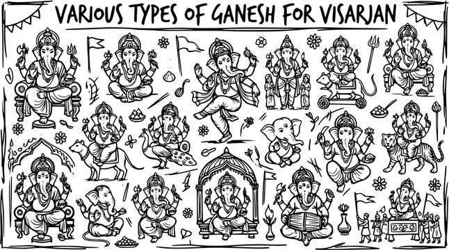 Black  White Hand-Drawn Line Art Doodle of Various Lord Ganesha Idols for Visarjan Ritual, Depicting Hindu Religious Festival and Indian Spiritual Culture