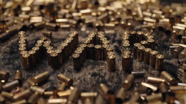Powerful and dramatic scene shows the word war, spelled out with bullet casings, slowly collapsing amid a pile of ammunition in a dark, red-lit environment symbolizing conflict and destruction.