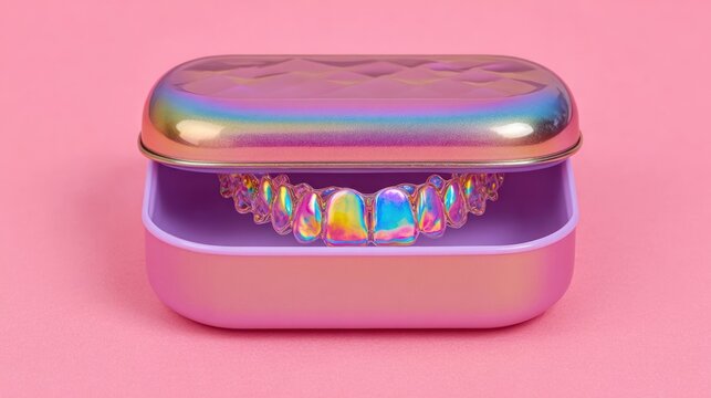 Iridescent dental aligner rests inside a matching storage container on a bright pink background