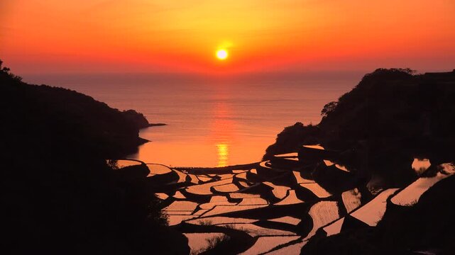 佐賀県玄海町 浜野浦の棚田 夕日