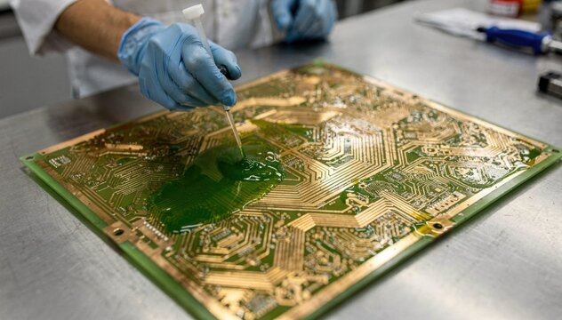 Medium shot of a technician carefully applying cupric chloride solution to an inner layer PCB skillfully etching copper traces with precise control under bright workshop lighting.