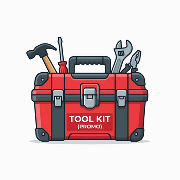 A vector illustration of a red toolbox with a hammer, screwdriver, wrench, and pliers peeking out. The box has TOOL KIT (PROMO) text.