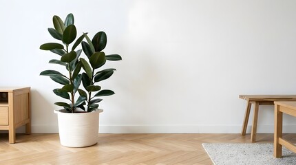 Obraz premium Minimalist Interior with Rubber Plant and Copy Space