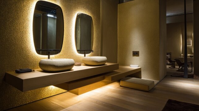 Upscale contemporary bathroom vanity features dual illuminated mirrors and stone basins