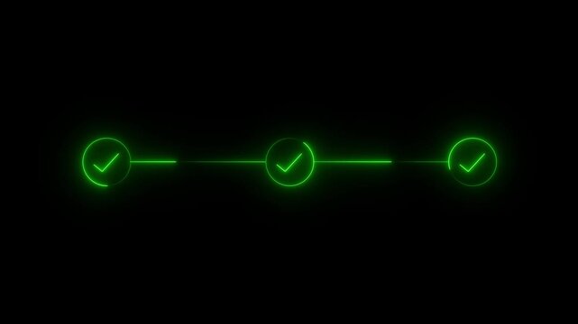 Glowing neon green three step progress bar and timeline animation with checkmarks for business workflow task completion and loading screens.