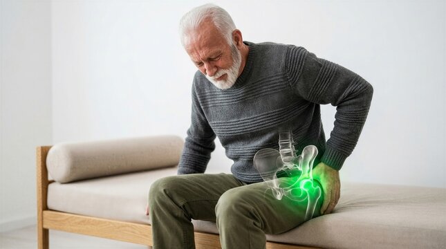 Senior man touching his painful hip while sitting on a medical couch. Highlighted joint anatomy showing injury or condition. Healthcare and orthopedic concept for treatment and diagnosis.