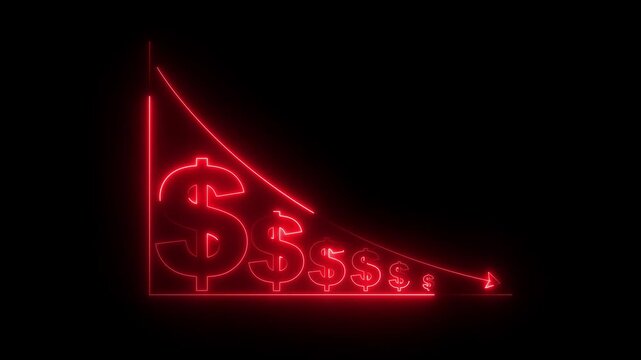 Neon red financial line graph animation showing economic recession with falling dollar currency symbols representing market crash and loss.